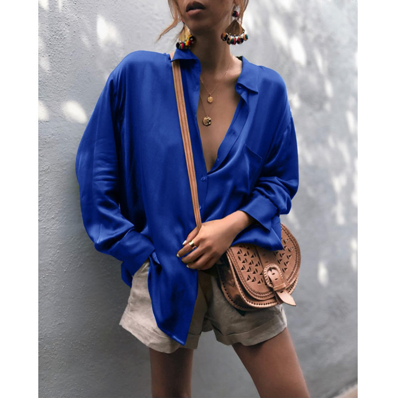 Women's Solid Color Long Sleeve Pocket Cardigan Women's Loose Smooth Shirt