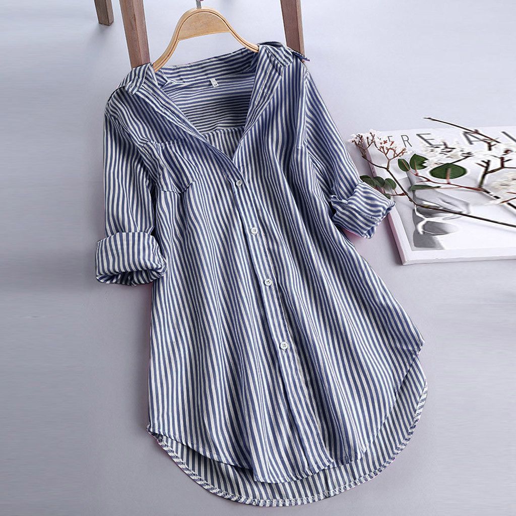 Women's Striped Long Sleeve Bottom Collar Loose Shirt