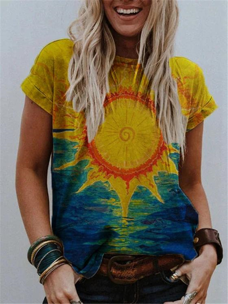 Turtleneck Round Neck Abstract Graphic Print Street Hipster T-Shirt Multicolor Loose