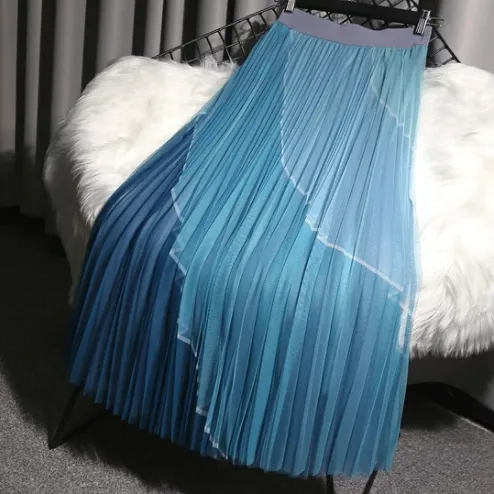 Mesh Stitching Bust Pink Pleated Long Skirt Blue - Shop at LoveMi