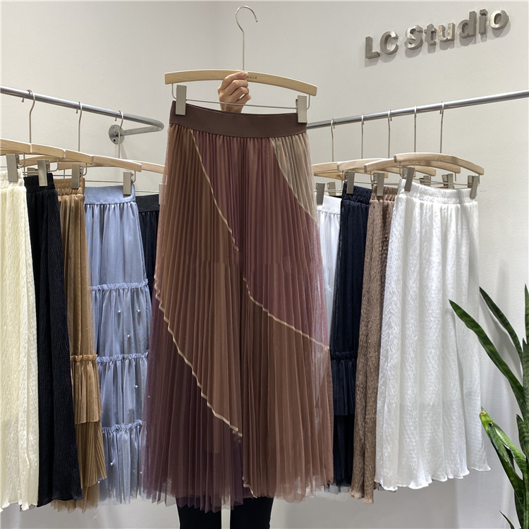 Mesh Stitching Bust Pink Pleated Long Skirt