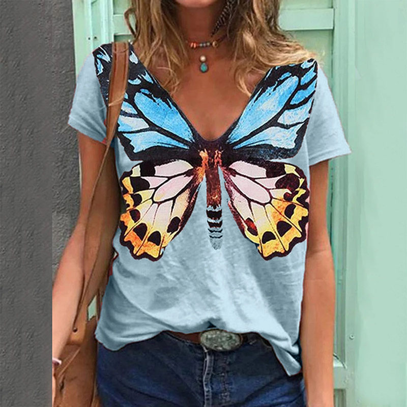  Summer Butterfly Print Short Sleeve V-Neck T-Shirt Women