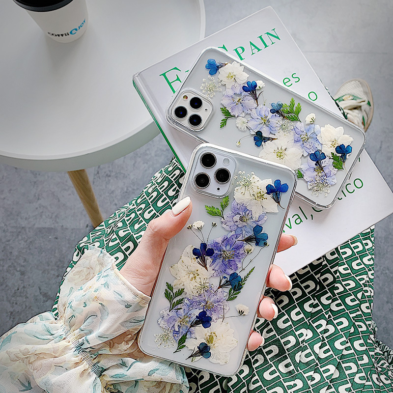 Funda de teléfono flor preservada epoxia transparente compatible