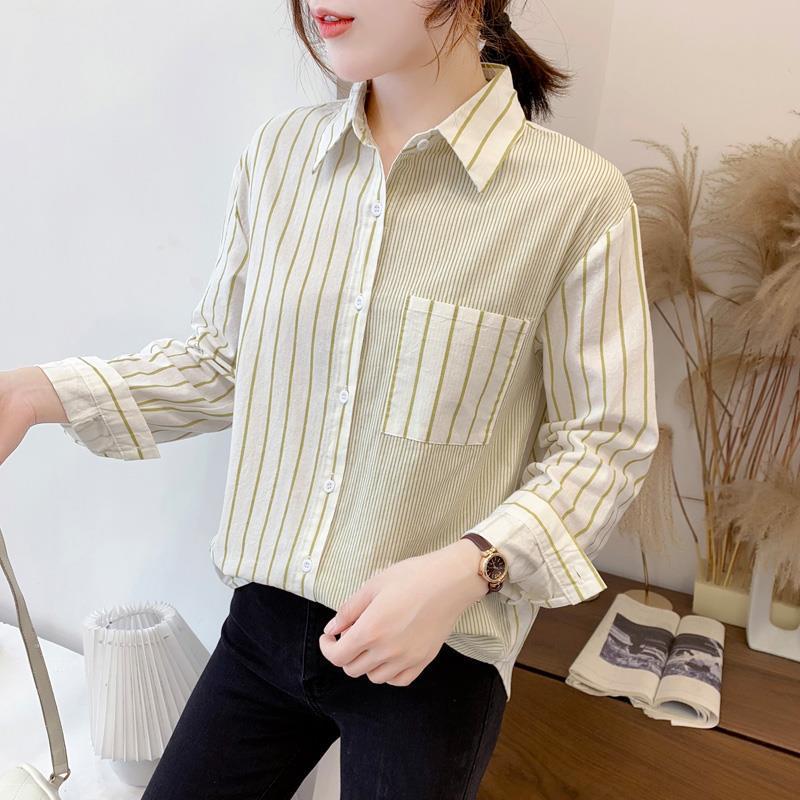 Colorblock Vertical Stripes Cotton And Linen Shirt