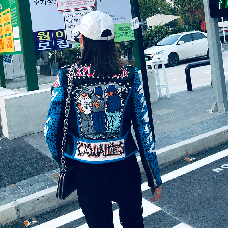 Graffiti Print Rivet Slim Cropped Leather Jacket