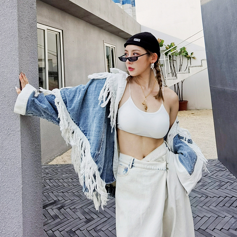 Color-blocking Fringed Denim Women's Loose Mid-length Style