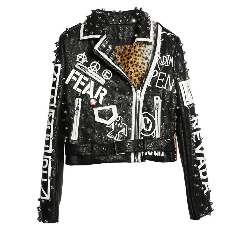 Printed Rivet Leopard Print Stitching Short Motorcycle Leather Jacket Leopard - Shop at LoveMi