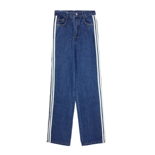 Split White Striped Blue Jeans Women's All Match Casual Wide Leg Pants White - Shop at LoveMi