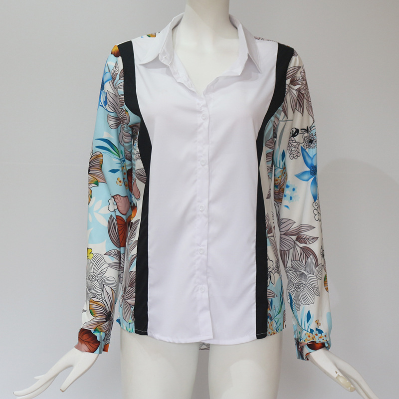 Ladies Casual Long Sleeved Stitching Printed Chiffon Shirt