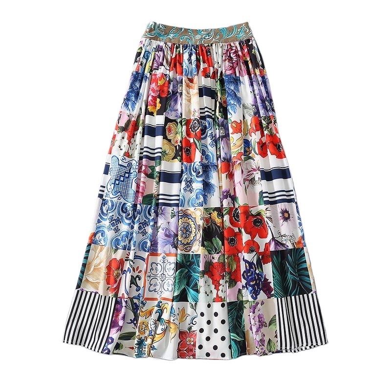 Summer New Style Four Way Stretch Check Color Print Skirt