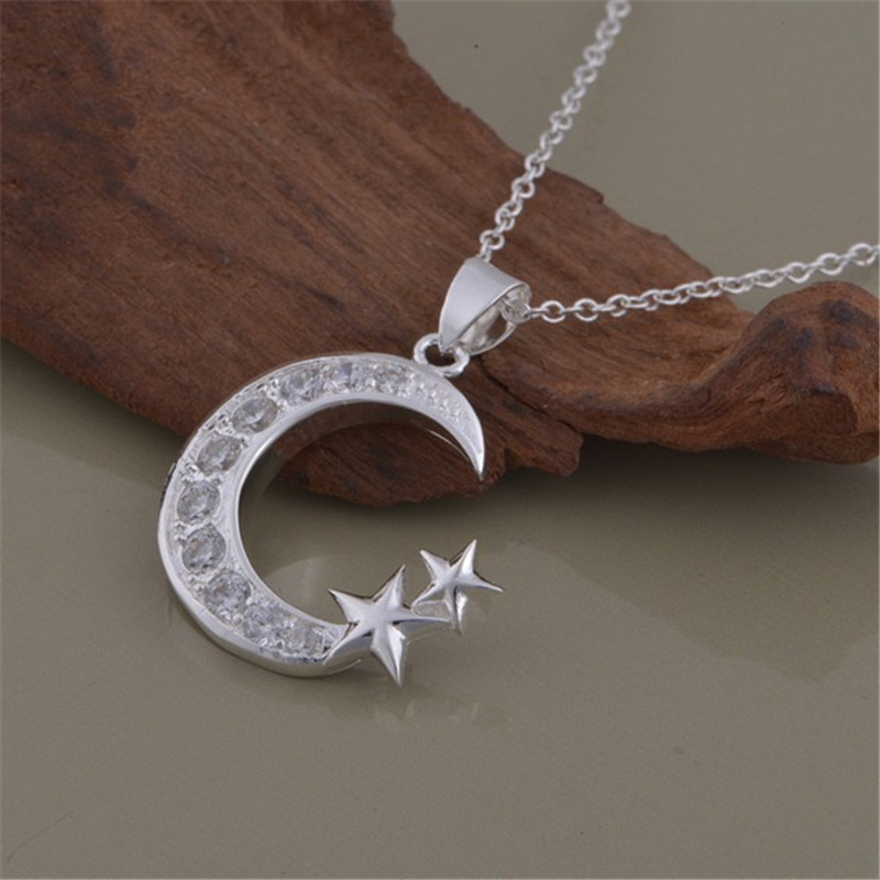 925 Silver Plated Diamond Star and Moon Necklace European and American Fashion