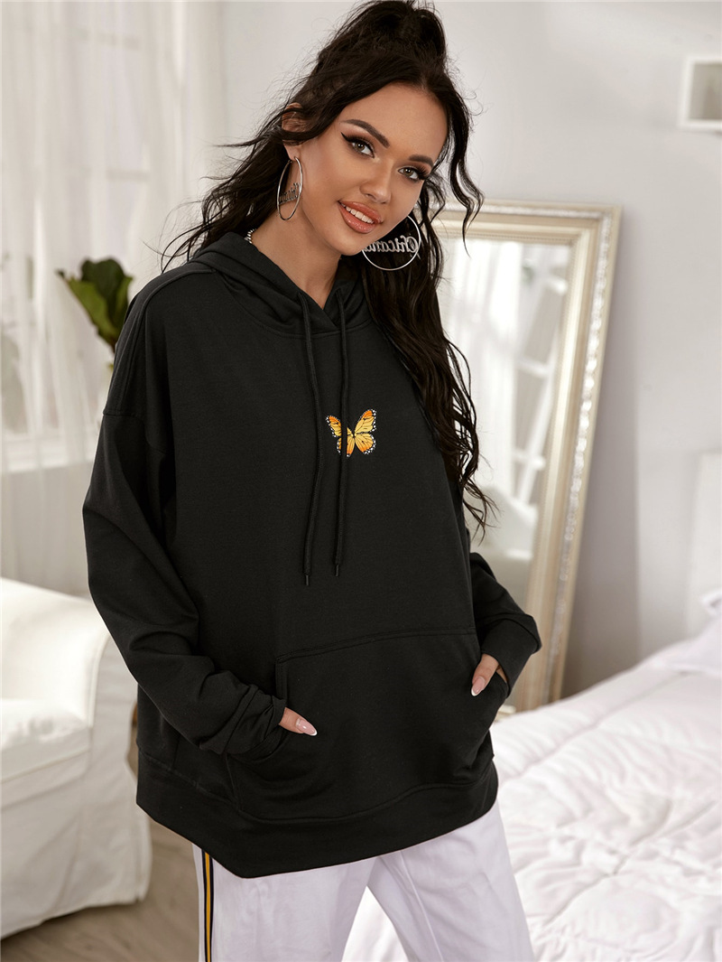 Printed Drop-shoulder Hooded Drawstring Sweatshirt