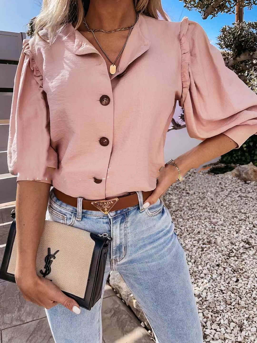 Ruffled Five-Point Sleeve Bottoming Top