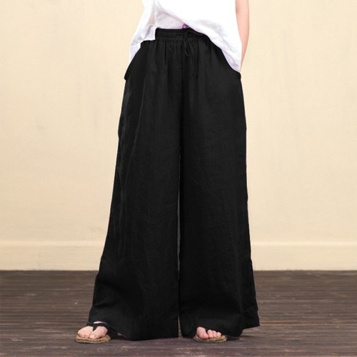New Ladies Loose Wide Leg Pants Fashion Casual Cotton And Linen Trousers Women Black - Shop at LoveMi