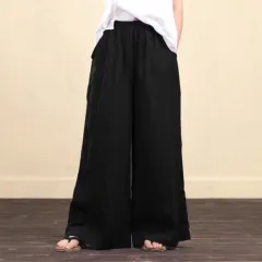 New Ladies Loose Wide Leg Pants Fashion Casual Cotton And Linen Trousers Women - Black - View 1