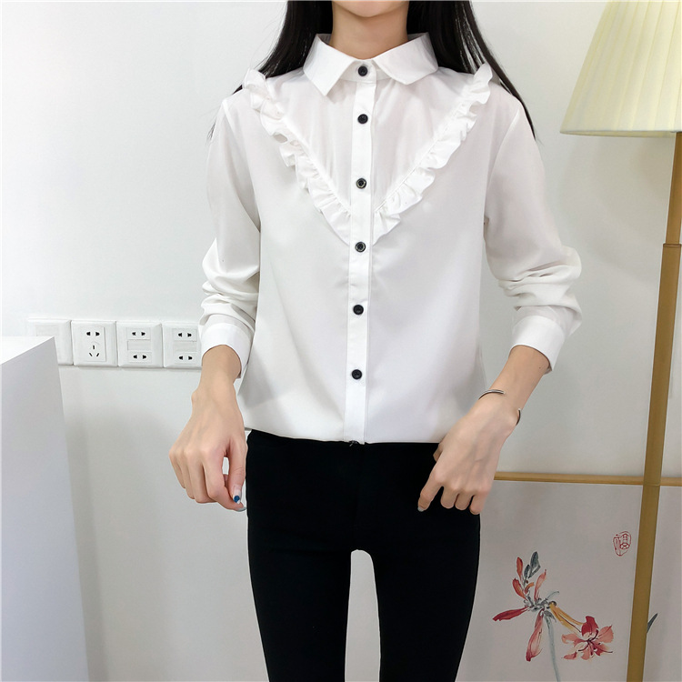 New Fashion All Match Ruffled Retro Solid Color Blouse Women