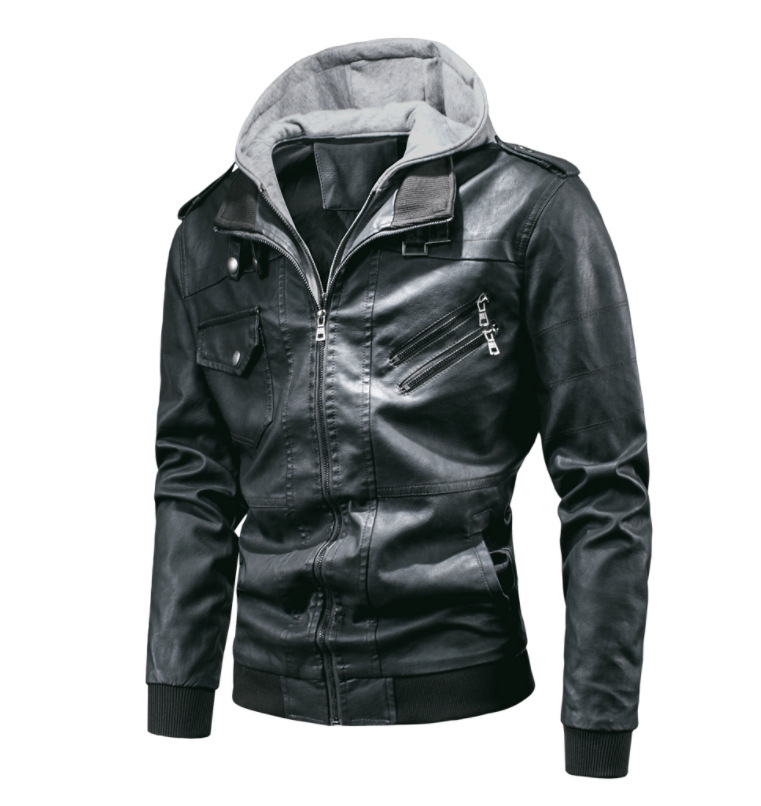 Men's detachable hooded pu leather jacket