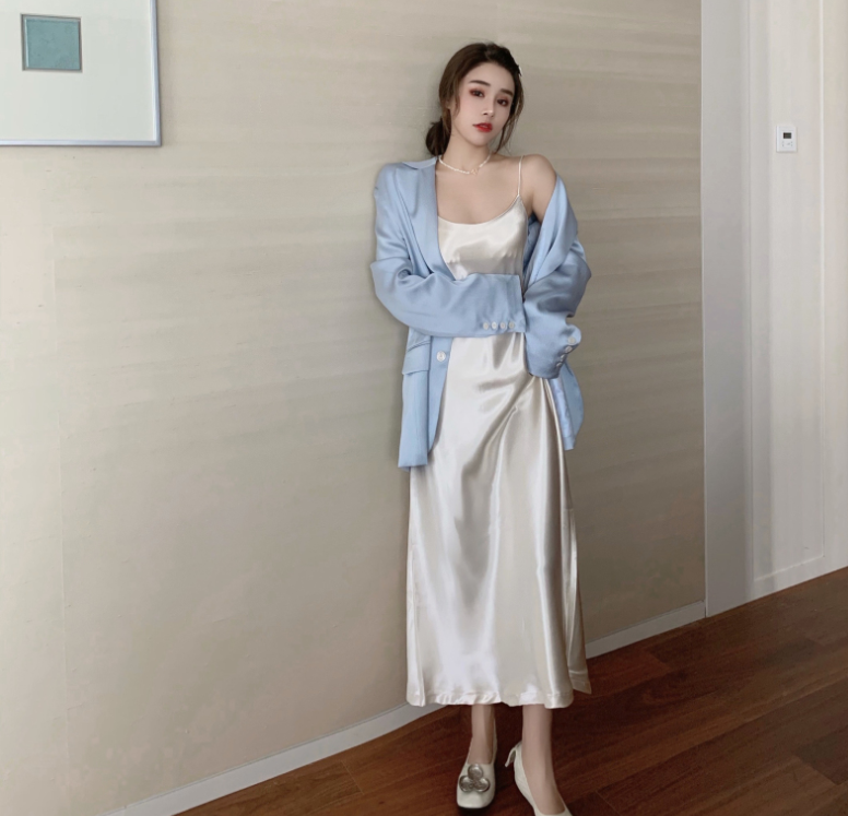 Hong Kong Flavor Satin Suspender Skirt  Casual Gloss Suit