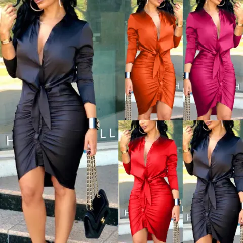 Women Lace-up Solid Color Long Sleeve Midi Dress Shirt