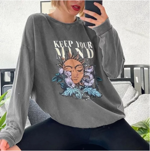 Round Neck Solid Color Casual Printed Ladies Sweater