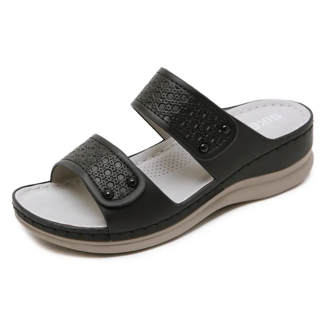 Oversized Wedge Heel Embossed Rivet Slippers Black - Shop at LoveMi