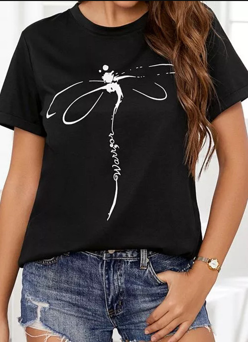Fashion Simple Women's Dragonfly Print T Shirt Black - Shop at LoveMi