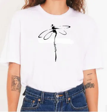 Fashion Simple Women's Dragonfly Print T Shirt White - Shop at LoveMi
