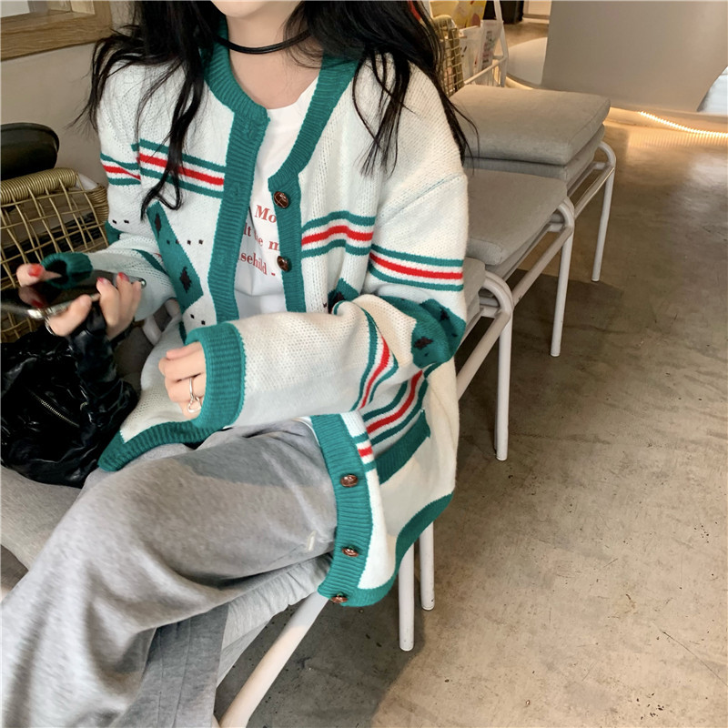 Retro Hit Color Diamond Round Neck Sweater Cardigan Jacket Women