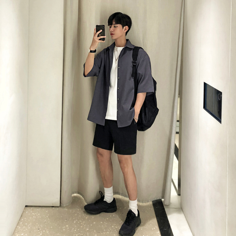 Thin Korean Style Trendy Handsome Short-Sleeved Shirt Hong Kong Style Half-Sleeved Jacket