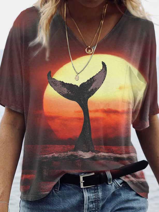 New Style Landscape Painting Printing V Neck Short Sleeved T Shirt Women Orange - Shop at LoveMi