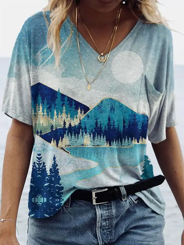 New Style Landscape Painting Printing V Neck Short Sleeved T Shirt Women Blue - Shop at LoveMi