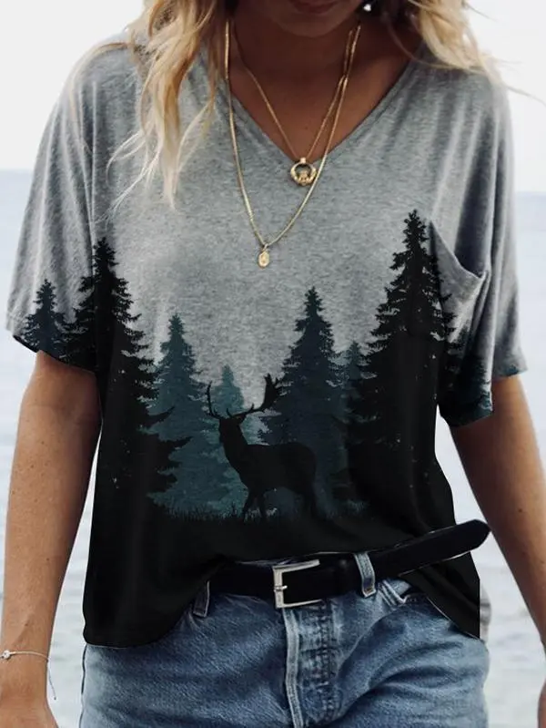 New Style Landscape Painting Printing V Neck Short Sleeved T Shirt Women Grey - Shop at LoveMi