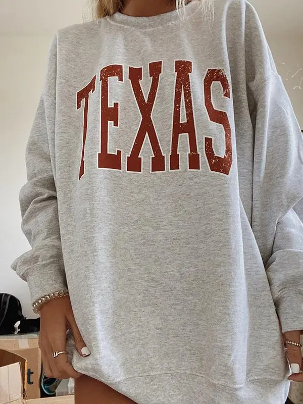 Loose Large Size Letter Round Neck Pullover Long Sleeve Sweater Grey - Shop at LoveMi