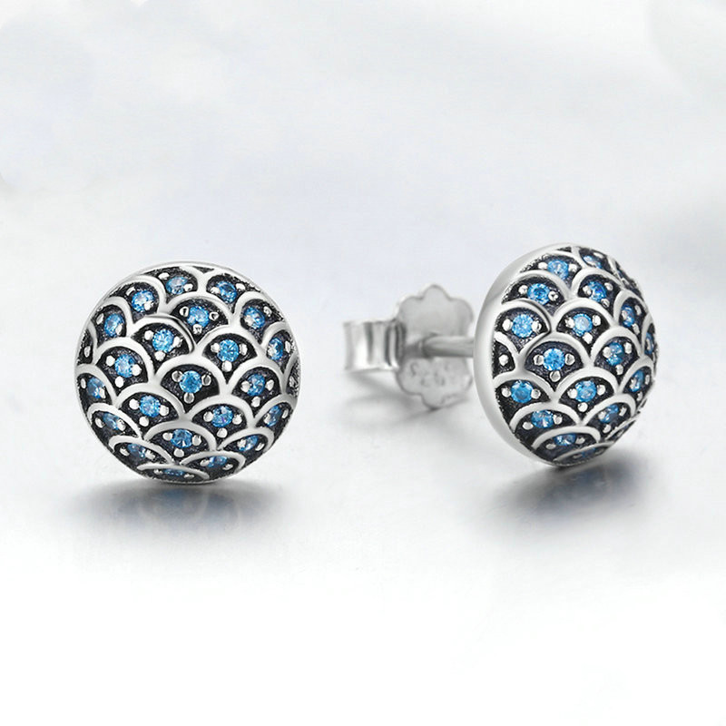 S925 Sterling Silver Wave Pattern Earrings Inlaid Blue Crystal Earrings
