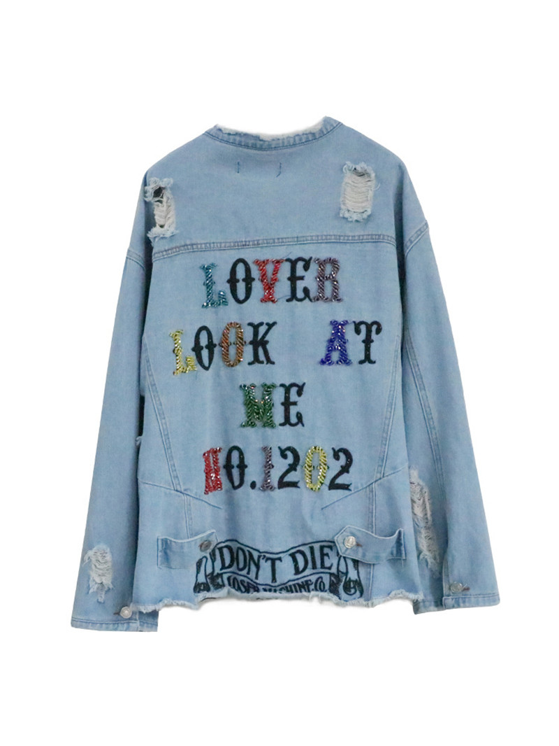 Color Sequin Letters Frayed Holes Loose Denim Jacket