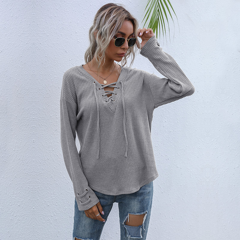 Sweater Women's Pullover V Neck Tie New Knitted Bottoming Shirt