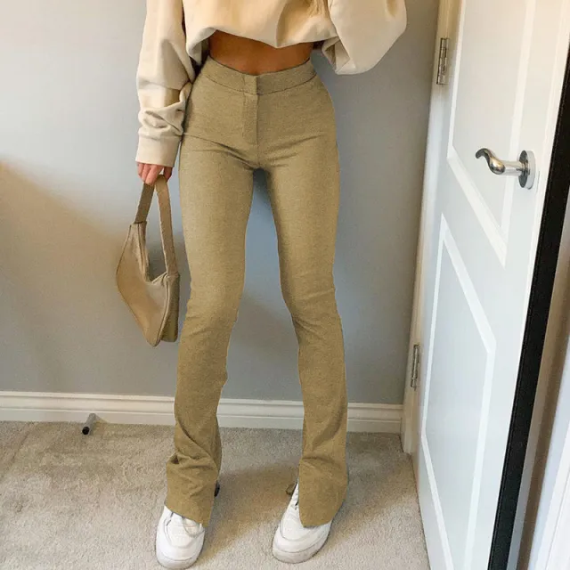 Pure color high waist skinny split casual pants women Khaki - Shop at LoveMi
