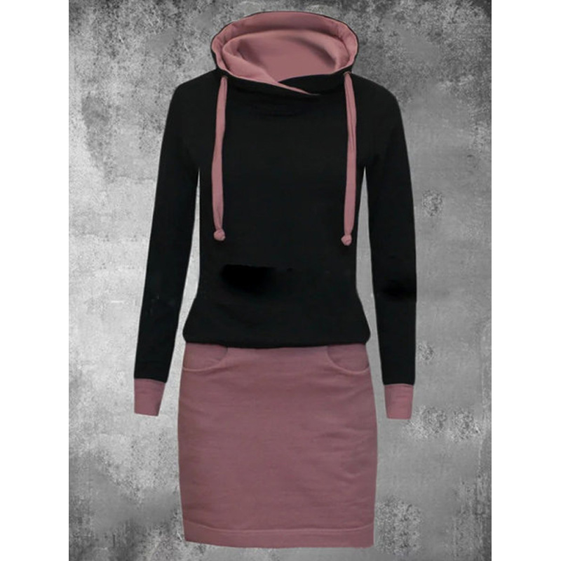 Autumn And Winter Lace Up Hooded Long Sleeved Contrast Color Mid Length Sweater Jacket