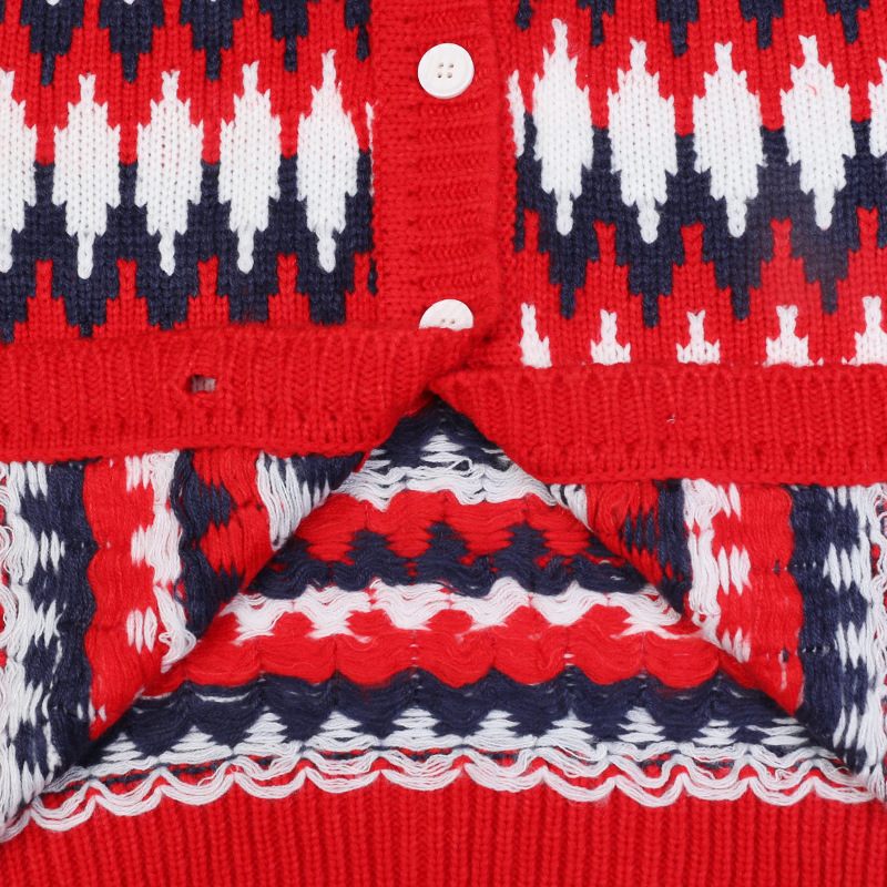 Ladies Long Sleeve V-neck Contrast Striped Red Knit Cardigan