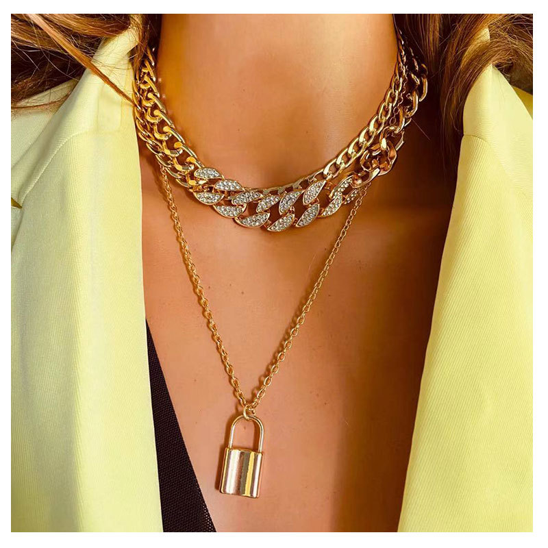 European And American Creative Alloy Lock Pendant Micro Diamond Multilayer Necklace