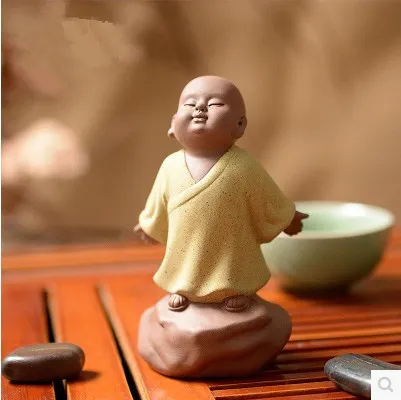 Leisurely Pottery Fan Little Monk Fantasy Empty Purple Sand Tea Pet Ornaments Yellow - Shop at LoveMi