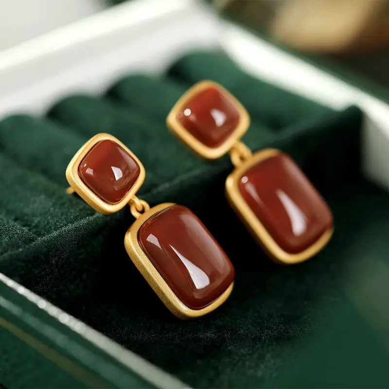 S925 Sterling Silver Gold-Plated Southern Red Agate