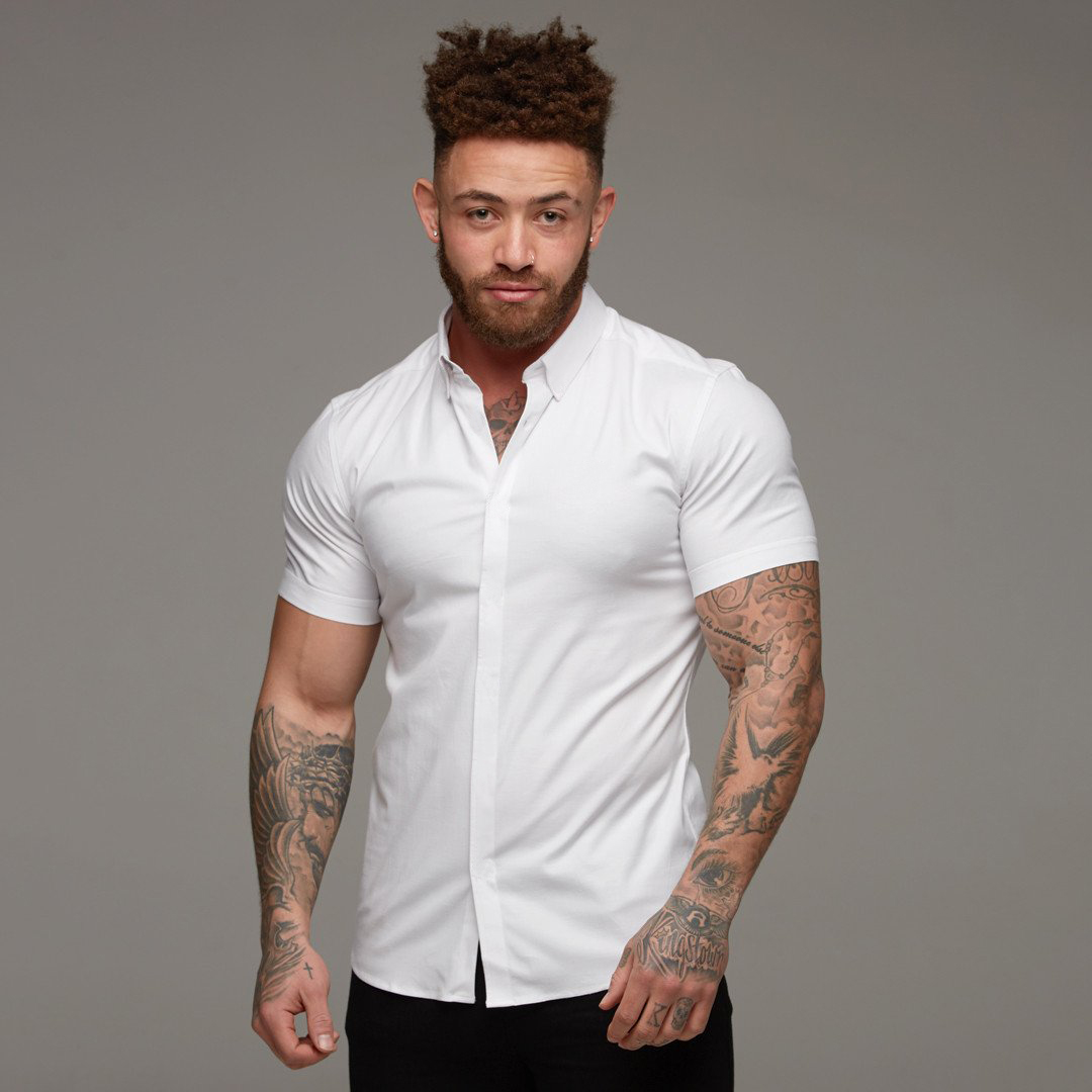 Muscle Men's Fitness Shirt Short-Sleeved Shirt Summer Sports Stretch Breathable Brothers Tight-Fitting Non-Iron Quick-Drying Shirt
