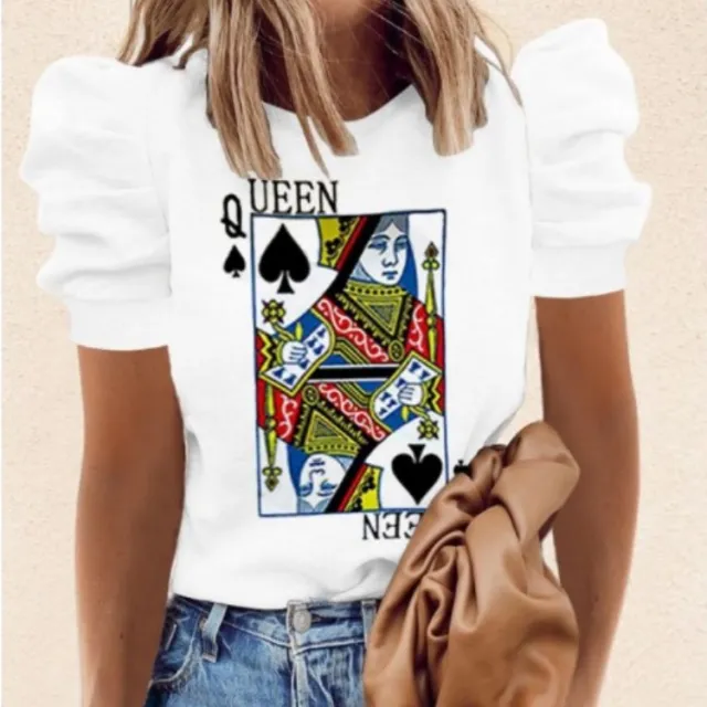 Round Neck Print Short Sleeve Puff Sleeve Fashion All Match T Shirt A 3Xl - Shop at LoveMi