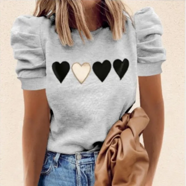 Round Neck Print Short Sleeve Puff Sleeve Fashion All Match T Shirt E S - Shop at LoveMi