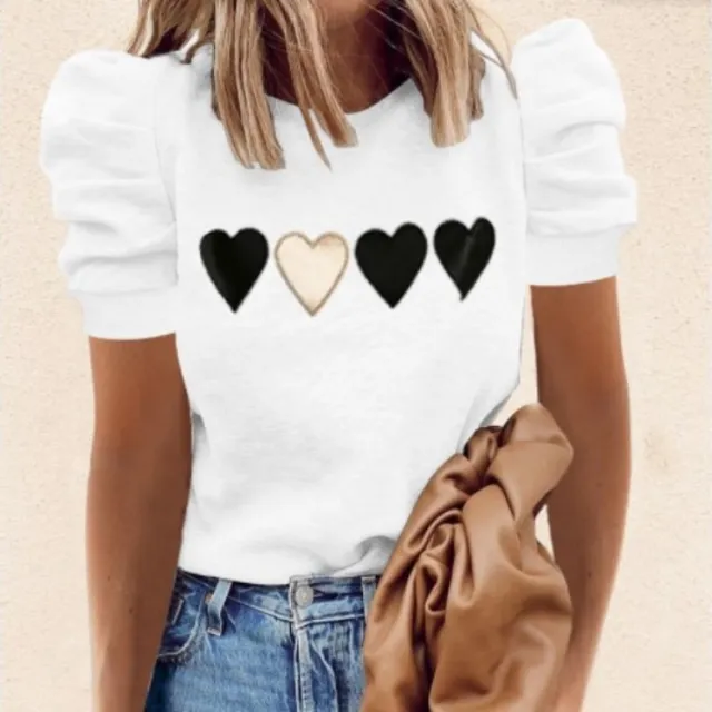 Round Neck Print Short Sleeve Puff Sleeve Fashion All Match T Shirt F Xl - Shop at LoveMi