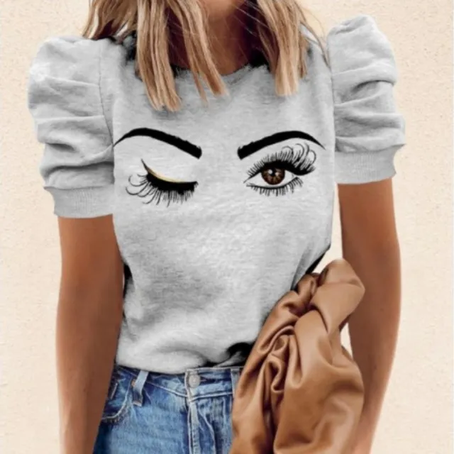 Round Neck Print Short Sleeve Puff Sleeve Fashion All Match T Shirt B Xl - Shop at LoveMi