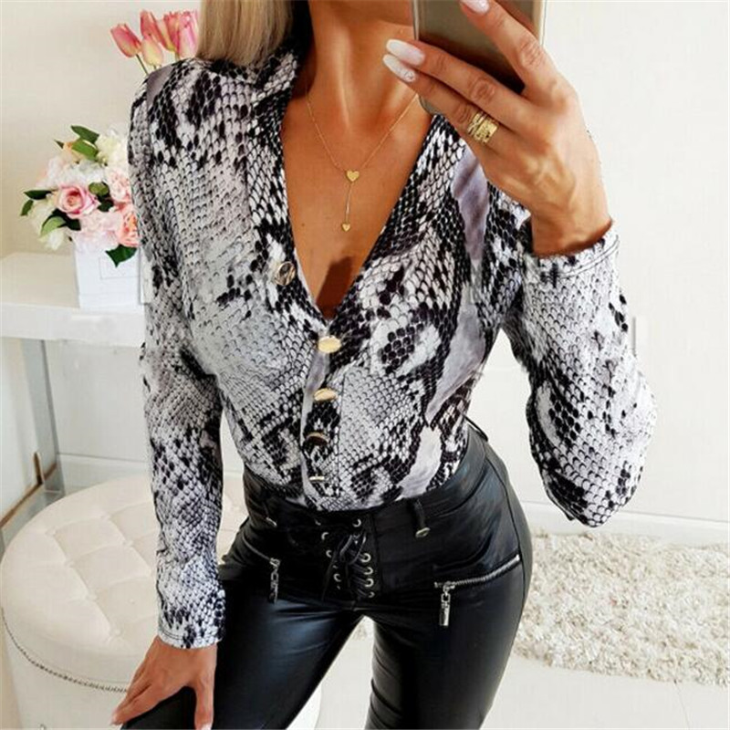 European And American Printed V-Neck Buttoned T-Shirt Sexy Slim Bottoming Shirt Long-Sleeved Top