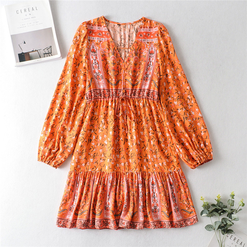 Long Sleeve V-neck Positioning Print Dress - 10