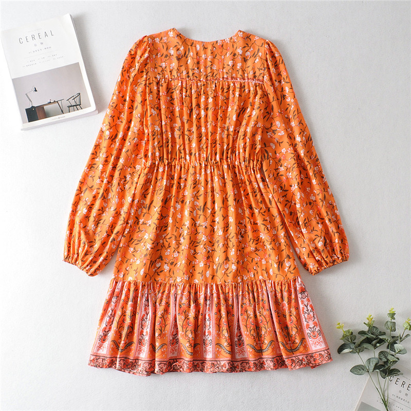Long Sleeve V-neck Positioning Print Dress - 8